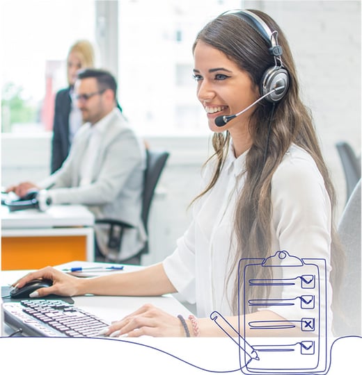 Customer service professional working on a computer with a headset provding support to funeral streaming attendees and staff 