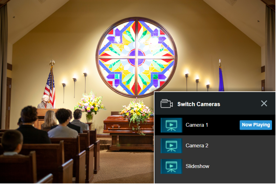 A church funeral service with the OneRoom platforms camera view options 