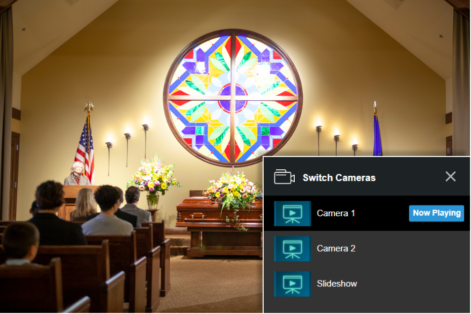 A church funeral service with the OneRoom platforms camera view options A church funeral service with the OneRoom platforms camera view options